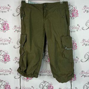 TNA cargo cropped pants pockets tie up strings logo buttons Olive Green Pants